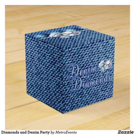 Diamonds and Denim Party Favor Box Western Girl Birthday Party, Denim Packaging, Denim And Diamonds Party, Denim Baby Shower, Diamond Theme Party, Diamonds And Denim Party, Silver Glitter Wedding Invitations, Diamond Theme, Wedding Favors Packaging