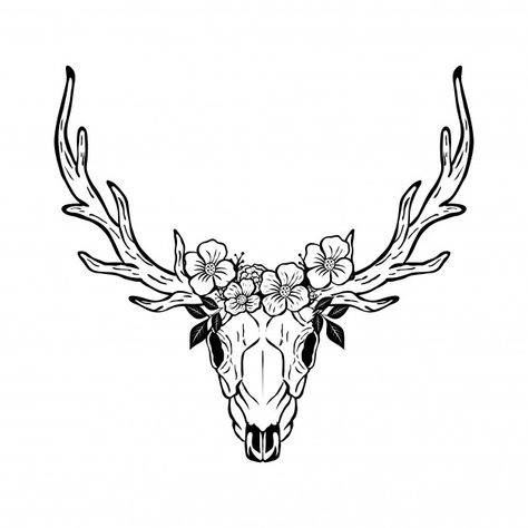 Animal deer skull head with floral desig... | Premium Vector #Freepik #vector #flower #hand #character #animal Deer Skull Floral Tattoo, Deer Head With Flowers, Simple Deer Skull Tattoo, Dear Head Tattoo, Deer Head Outline, Deer Skull With Flowers, Deer Skull Drawing, Deer Skull Tattoo, Animal Skull Drawing