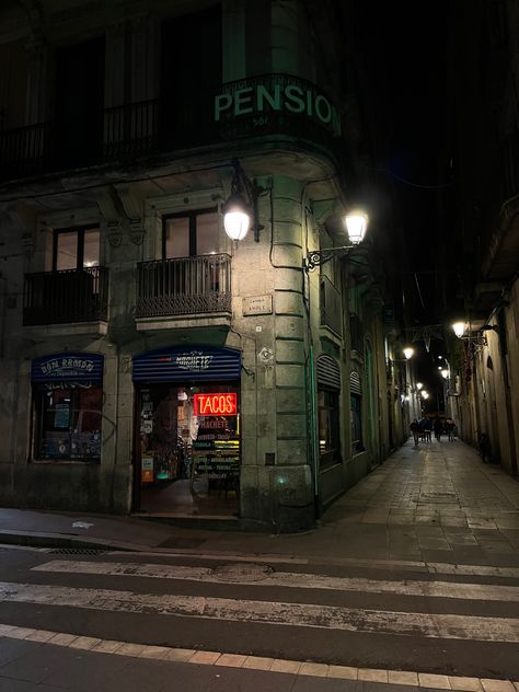 Nighttime in Barcelona is a magical time. There's something special about the way the buildings glow in the dark, and how the sound of laughter can be heard from all corners of the streets. #spain #barcelona #citylights #citystreets #streetsaesthetics #streetview #barcelonacity Barcelona Streets, Spain Streets, Barcelona Photography, Barcelona Aesthetic, Barcelona Street, Night Time Photography, Spain Aesthetic, Dark Street, Spain Barcelona