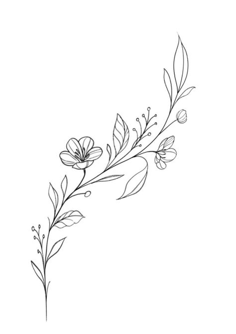 Fine Line Flower Tattoo Design, Horizontal Tattoo Design, Floral Vines Tattoo, Rib Tattoo Stencil, Flowers Drawing Outline, Floral Line Tattoo, Floral Outline Drawing, Flower Fine Line Tattoo, Flower Vine Drawing