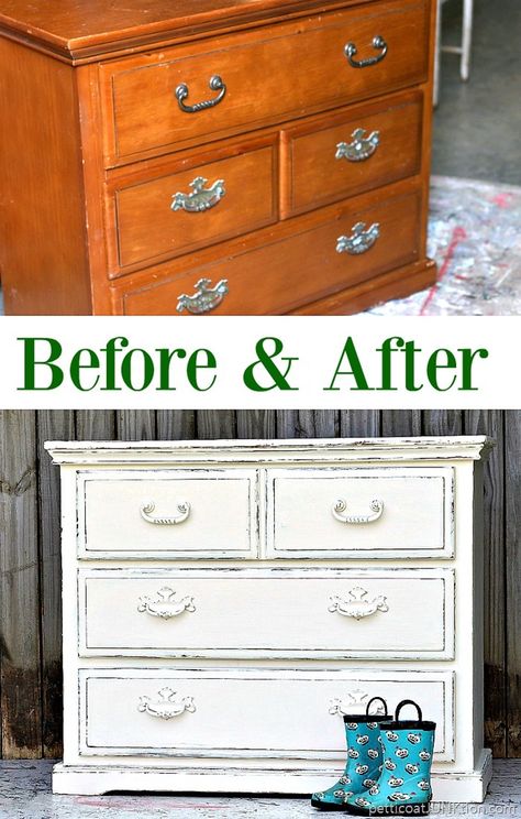 Before and after furniture makeover painted white and distressed from Petticoat Junktion. White Distressed Furniture, Refurbished Furniture Diy, Distressed Furniture Painting, Dresser Painted, Painted Bedroom Furniture, Dressers Makeover, Shabby Chic Dresser, Distressed Furniture, Distressed Painting