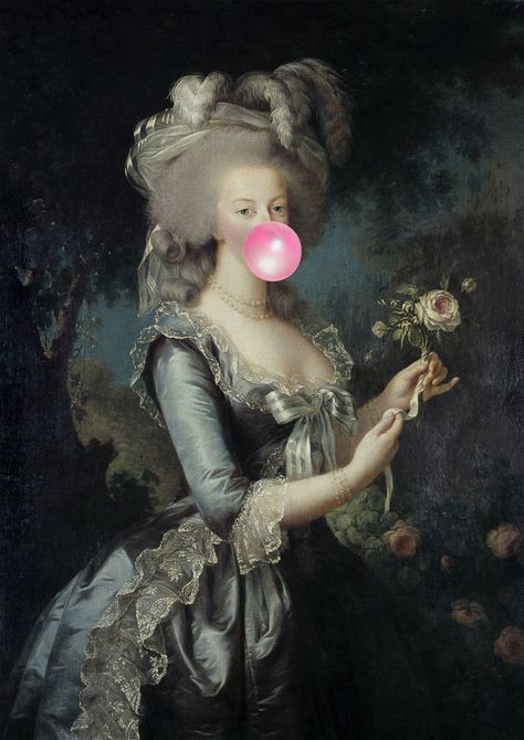 lowkey atelier presents : Bubblegum Marie Antionette 💖⁠ ⁠ 🍬⁠ x Marie Antoinette With a Rose” (1783) by Élisabeth Louise Vigée Le Brun ⁠ Rococo Art, Photo Wall Gallery, Printed Wall Art, Art Jokes, Bubble Art, Whimsical Illustration, Classical Art, Modern Art Prints, Marie Antoinette