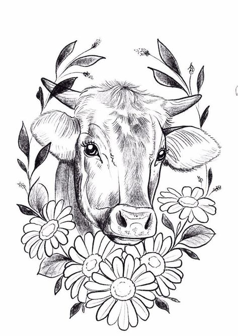 Farm Tattoo, Cow Sketch, Highland Cow Painting, Cow Tattoo, Cow Drawing, Vegan Tattoo, Western Tattoos, Tattoo Instagram, Cow Painting