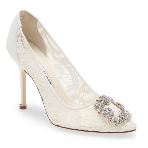 This Show Is Stunning, And Perfect For A Wedding Will Upload More Pictures Soon A Radiant Crystal Buckle Sparkles At The Pointy-Toe Of This Iconic Italian Pump Made Lovely In Winter-White Floral Lace. 4" (102mm) Heel (Size 39) Textile Upper/Leather Lining And Sole Made In Italy Women's Designer Shoes Item # 6836338 Malano Blahnik, Manolo Blahnik White, Chic High Heels, Gold Strappy Heels, Perfect Wedding Shoes, Manolo Blahnik Hangisi, Lace Pumps, Manolo Blahnik Heels, Wedding Shoes Heels