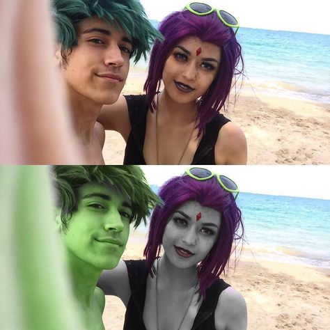 Real life raven and beastboy Beastboy And Raven Halloween Costume, Raven And Beat Boy Costume, Beat Boy And Raven Costumes, Beast Boy X Raven Costume, Raven And Beastboy Cosplay Costume, Beast Boy And Raven Costume, Beast Boy Cosplay, Ravena Cosplay Casual, Raven Halloween Costume