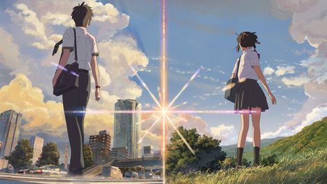 Anime - Your Name.  Taki Tachibana Mitsuha Miyamizu Wallpaper Mitsuha And Taki, Kimi No Na Wa Wallpaper, Your Name Wallpaper, Your Name Anime, Japanese Animated Movies, Film Anime, Seni 2d, Anime Videos, Kimi No Na Wa