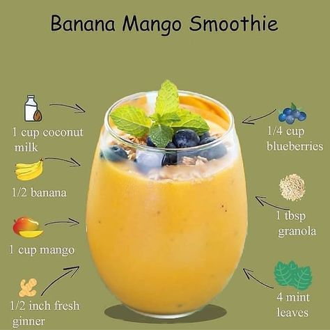 Granola Ingredients, Mango Banana Smoothie, Easy Healthy Smoothies, Smoothie Detox, Healthy Drinks Smoothies, Smoothie Diet Plans, Healthy Drinks Recipes, Mango Smoothie, Healthy Smoothie