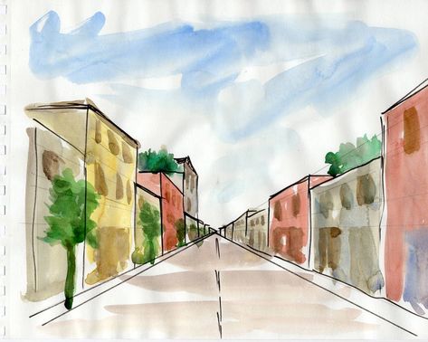 How to draw One Point Perspective Perspective Drawing Watercolor, Perspective Watercolor Painting, One Point Perspective Drawings, One Point Perspective Drawing, Perspective Painting, Art Education Projects, High School Art Lesson Plans, Youtube Drawing, Painting Lesson