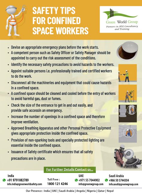 Confined spaces are a very hazardous place to work in. Before entering into the confined space, check all the hazards present, and only allow certified professionals to work inside it. Here are some useful safety tips on how to work in confined spaces: Confined Space Safety Poster, Health And Safety Poster, Safety Officer, Safety Poster, Safety Courses, Construction Safety, Safety Posters, Green World, Industrial Safety