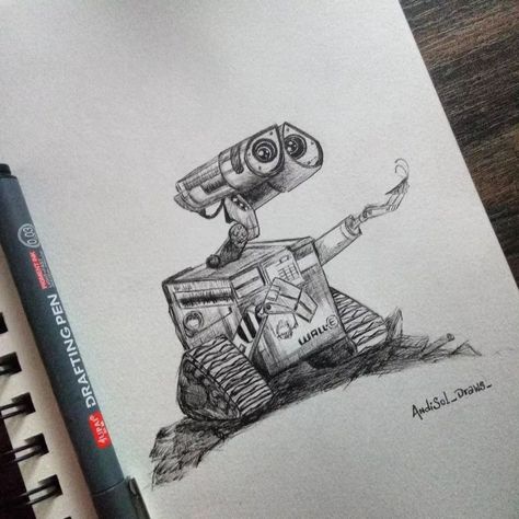 Evaaa!! Inktober Day 5 🌌✨ Mire la palabra #binoculars y me vino a la mente los ojitos de este hermoso personaje 🥺✨🥰🤖 . . . #inktober2024 #walle #disney #draws #ink #drawing #inktoberday5 #ilustration #dibujo #drawdisney Wall E, Disney Drawings, Pigment Ink, Ink Drawing, Binoculars, Pen, Tattoos, Disney, Drawings