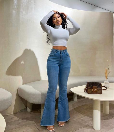 Nqobilekhwezi Instagram, Nqobile Khwezi, Jeans And Crop Top Outfit, Mesh Shirts, Women Fashion Ideas, White Tee Jeans, Flare Jeans Outfit, Corporate Dress, Crop Top With Jeans