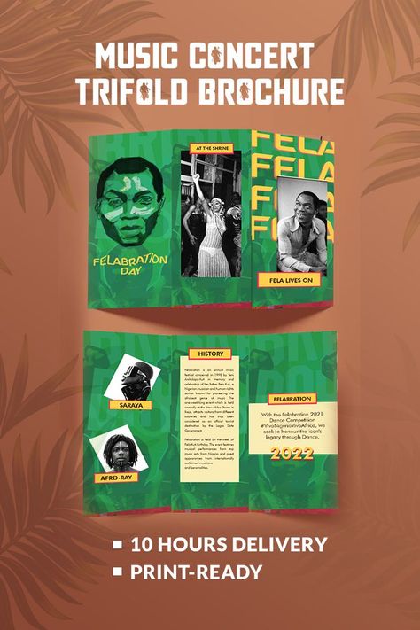 A trifold brochure for a music festival - felabration 2022 Music Brochure, Professional Flyer Design, Event Brochure, History Background, Trifold Brochure Design, Concert Flyer, Custom Flyers, Party Tickets, Festival Flyer