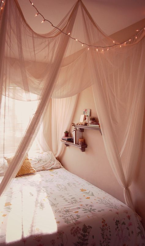 Our bedroom! Canopy Over Bed Corner, Ceiling Canopy Bedroom, Bed Canopy Teenager, Corner Bed Canopy Diy, Canopy Bed Small Room Celing, Curtain Lights Bed Canpoy, Canopy Bedroom, Tiny Bedroom, Dream Room Inspiration