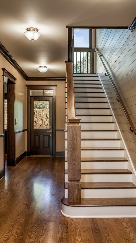 Transform your interiors with sophisticated decor ideas and trendy styles. Explore chic inspirations and luxe updates to create a home you'll love. #HomeInspo #TrendyDesign #ElegantDecor Dark Brown Staircase, Dark Trim Light Floors, Dark Floors Light Walls, Light Walls, Light Floors, Dark Trim, Sophisticated Home, Dark Floors, Sophisticated Decor