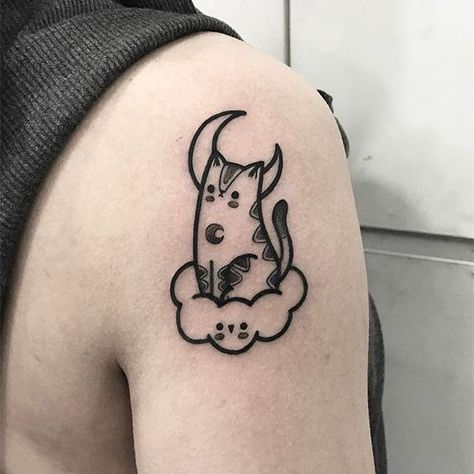 Hugo Hugo Tattooer, Tatuaje Studio Ghibli, Cloud Tattoo, Cat Moon, Tattoo Cat, Trendy Tattoo, Book Tattoo, Trendy Tattoos, Minimal Tattoo