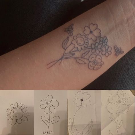 I asked my grandparents, mum and sister to each draw me a flower. Then i got it tattooed! Grandparent Drawing Tattoo, Grandparent Inspired Tattoo, Sibling Meaningful Tattoos, Family Draws My Tattoo, Flower Grandparents Tattoo, It’s Ok Flower Tattoo, Small Tattoo For Grandparents, Flower Tattoo For Grandparents, Matching Teacher Tattoos