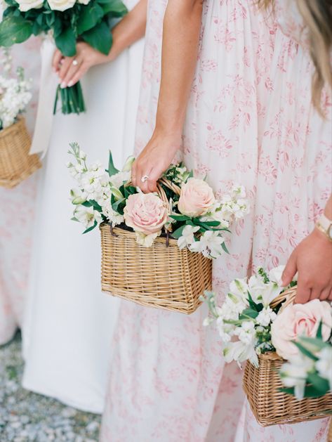 Flower Baskets For Bridesmaids, Bridesmaid Flower Basket Bouquet, Floral Baskets Wedding, Basket Flowers Bridesmaids, Floral Basket Bridesmaid, Flowers In Wicker Baskets Wedding, Pink Yellow Weddings, Hot Air Balloon Wedding, Wedding Flower Girl