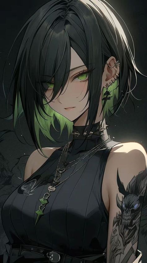 Black Hair Green Eyes Character Design, Godot X Mia, Dark Green Pfp, Black Hair Green Eyes Girl, Oc Sheet Character Design, Epic Drawings, Really Cool Drawings, Anime Monsters, Anime People