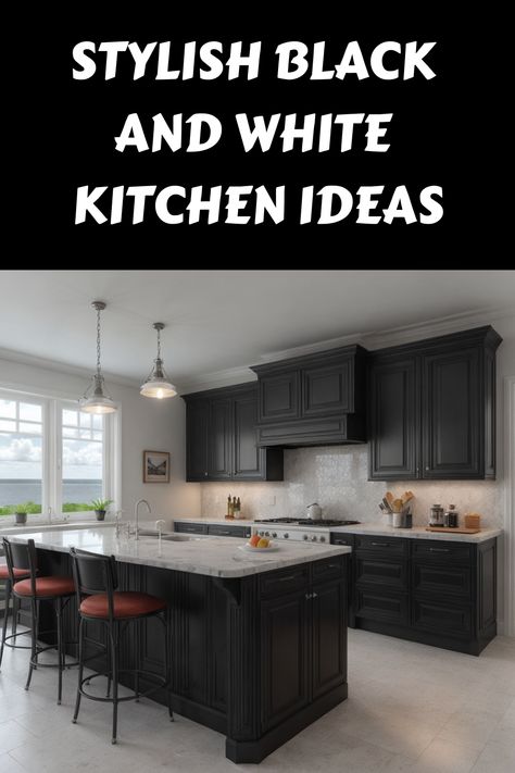 Stylish black kitchen with white countertops and large island with bar stools. Small Black And White Kitchen, Black And White Kitchen Design, Black And White Kitchen Ideas, White Kitchen Designs, Monochrome Kitchen, White Kitchen Inspiration, White Kitchen Ideas, Black And White Kitchen, White Inspiration