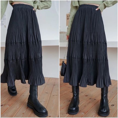 Black Luxe High Waisted Pleated Ruffle Maxi Skirt S M L Xl, 100% Polyester, Ships In 7-8 Days Long Flowy Black Skirt, Maxi Skirt With Hoodie, Punk Maxi Skirt, Rectangle Body Shape Skirts, Long Black Skirt Aesthetic, Nonbinary Femme Fashion, Masculine Skirt Outfit, Oversized Tshirt With Skirt, Long Skirts Fall