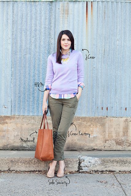 Lavender and Olive Green....in my closet: maybe get some lavender tights to go with the green dress that I have Lavender Shirt, Kendi Everyday, Olive Jeans, Purple Outfit, Olive Pants, Shirt Outfits, Pants Outfits, Green Pants, Womens Fashion For Work