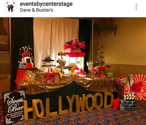 Hollywood Inspired Birthday Party Dessert Table and Decor Old Hollywood Dessert Table, Hollywood Theme Dessert Table, Hollywood Dessert Table, Hollywood Theme Party Ideas, Hollywood Sweet 16, Hollywood Cake, Hollywood Prom, Graduation Dance, Birthday Party Dessert Table