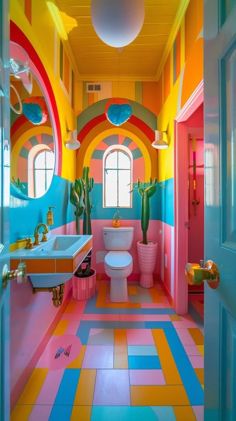 Ideas For Airbnb, Bathroom Tile Design Ideas, Tile Design Ideas, Eclectic Bathroom, Deco Retro, Maximalism, Home Upgrades, Bathroom Tile, Bathroom Colors