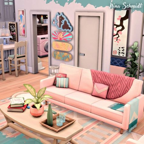 Sims 4 Pink Living Room, Sims 4 Pink House, Sims 4 Living Room Ideas, Pink House Interior, Sims Room, Living Room Sims 4, Sims4 House, Lotes The Sims 4, Sims 4 Kitchen