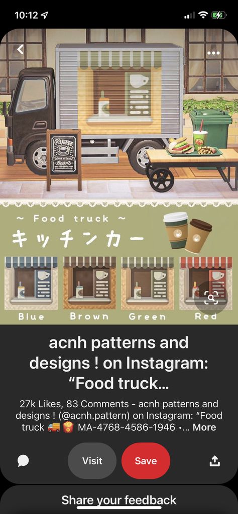 Food Trucks Animal Crossing, Animal Crossing Food Truck Code, Animal Crossing Farmers Market Sign, Acnh Farmers Market Stall Design, Acnh Coffee Truck, Acnh Truck Design Code, Animal Crossing Food Stalls, Stall Design Animal Crossing, Acnh Food Truck