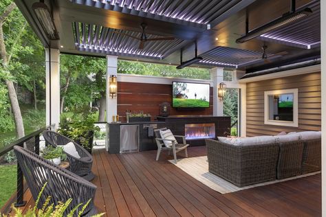 Mom's Design Build-Landscape Architecture Outdoor Tv Ideas, Pallet Deck Diy, Tv Ideas, Louvered Pergola, Outdoor Kitchen Island, Outdoor Entertaining Spaces, Backyard Entertaining, Outdoor Heaters, Outdoor Tv