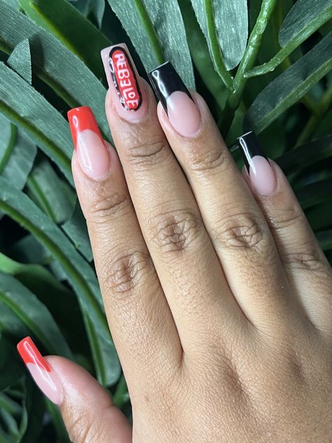 Red and black french tip nails with RBD group design in middle finger Rbd Rebelde Nails Ideas, Rbd Rebelde Nails, Red French Tip, Red French, Pink Nails, Nails Inspiration, Cute Nails, Nail Inspo, Image Search