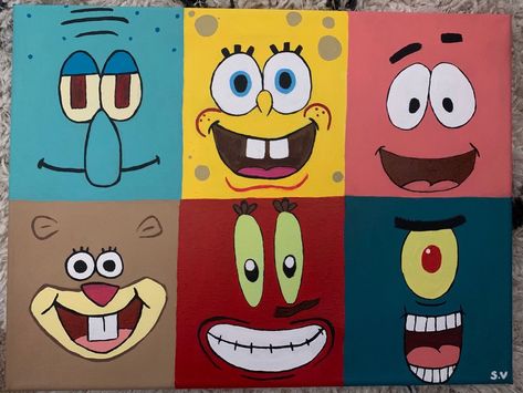 Painting Ideas Easy Simple Spongebob, Sponge Bob Canvas Painting, Simple Cartoon Paintings On Canvas, Cartoon Mini Canvas, Small Canvas Cartoon Paintings, Spongebob Mini Canvas, Spongebob Painting Square Canvas, Easy Clay Sculptures, Disney Canvas Art