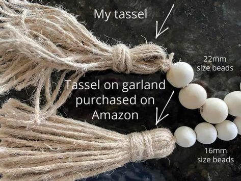 Comparing homemade tassel to tassel on purchased wood bead garland. Wood Bead Tassels Diy, How To Make A Tassel With Twine, Wooden Bead Garland Decor Ideas, Diy Wood Bead Garland, Tassels With Beads, Beaded Tassels Diy, Ribbon Tassel, Twine Diy, Beads Garland