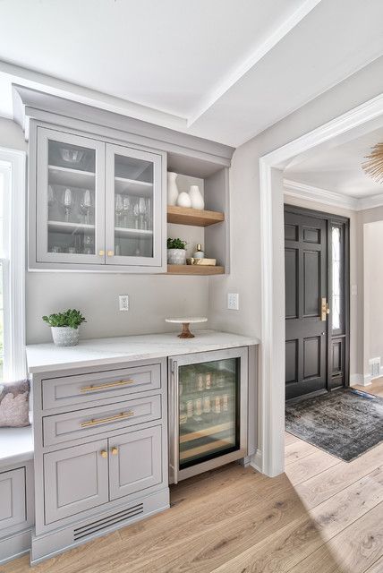 Frost Built-In Bar with Beverage Refrigerator - Transitional - Kitchen - New York - by Kitchen Intuitions | Houzz Peg Board Tech Organization, Bar Off Kitchen Ideas, Kitchen With Dry Bar, Dry Bar In Kitchen Ideas, Wet Bar With Glass Shelves, Dry Bar With Cabinets, White Cabinet Wet Bar, Beach House Wet Bar, Butler Pantry Bar Ideas