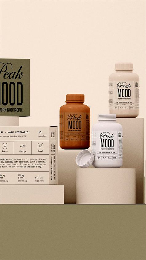 Peak Mood supplement brand and packaging design by Mohammed Badaam- Fivestar Branding Agency Is A Design and Branding Agency. This Work Belongs to The Accredited Artist and Is Curated For Inspiration Only #supplementbranding #supplementpackaging #packagingdesign #packaginginspiration #packagedesign #branding #identity #logodesign #typebasedlogo #typographydesign #typedesign Supplements Design, Supplements Aesthetic, Pill Packaging Design, Supplement Branding, Dietary Supplements Packaging, Medicine Design, Supplement Packaging, Pill Packaging, Supplement Bottles