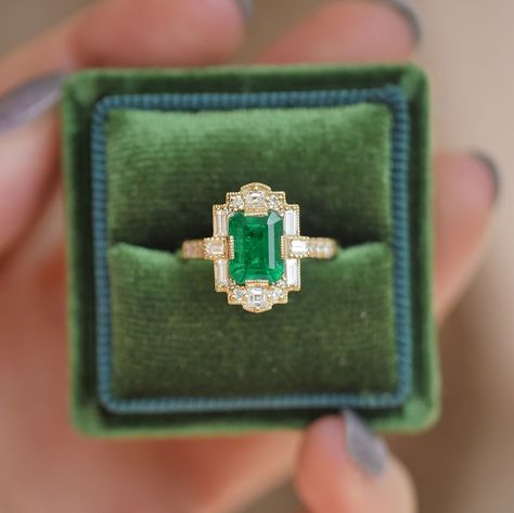 Unique Emerald Cut Emerald Engagement Rings, Emerald Diamond Ring Engagement, Emerald Square Ring, Art Deco Emerald Engagement Ring, Vintage Emerald Rings, Art Deco Engagement Ring Emerald, Emerald Gemstone Engagement Ring, Berlinger Jewelry, Emerald And Diamond Engagement Ring