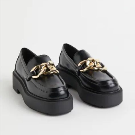 -H&M Chunky Loafer With Chain Detail -Never Worn -Platform With Small Heel Black Loafers Women's, Chunky Loafer, Korean Shoes, Grey Loafers, Buckle Loafers, H&m Shoes, Bit Loafers, Chunky Loafers, Slingback Flats