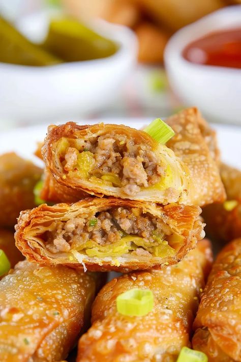 Easy Big Mac Egg Rolls Big Mac Spring Rolls, Big Mac Egg Rolls Air Fryer, Bigmac Egg Rolls, Big Mac Egg Rolls, Cheeseburger Egg Rolls Air Fryer, Airfryer Cheeseburger Egg Rolls, Pickles And Cheese, Homemade Big Mac Sauce, Crispy Egg