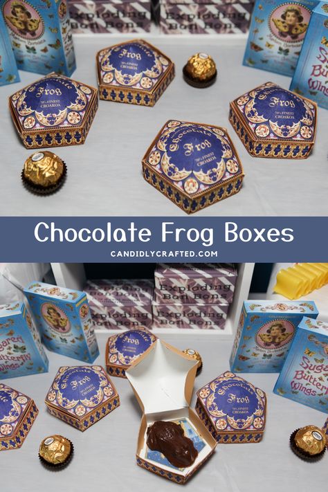 Diy Harry Potter Chocolate Frog Boxes, Harry Potter Chocolate Frog Cards, Diy Chocolate Frogs Harry Potter, Harry Potter Frog Box, Harry Potter Chocolate Frog Box Template, Harry Potter Frog Box Printable, Harry Potter Snack Trolley, Harry Potter Treats Diy, Harry Potter Party Favours