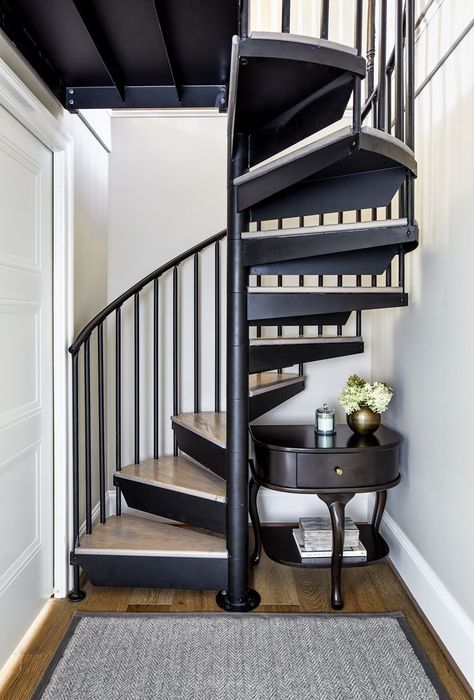 Deck Stairs Landing, Black Stairs, Deck Stairs, Staircase Railings, Interior Renovation, Spiral Staircase, Kitchen Diner, Staircases, Wood Floors