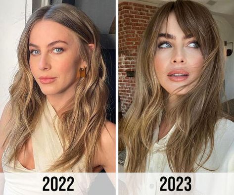 Hair For Big Nose, Best Hair For Big Nose, Julianne Hough Hair 2023, Julianne Hough Bangs, Bangs Big Nose, Color Filler For Hair, Julianne Hough Hair Color, Julianne Hough Long Bob, Julianne Hough Dark Hair