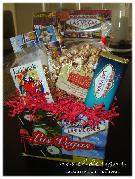 Vegas Gift Basket, Las Vegas Gift Basket, Vegas Postcard, Las Vegas Theme, Vegas Gifts, Vegas Theme, Themed Gift Baskets, Executive Gifts, Closing Gifts