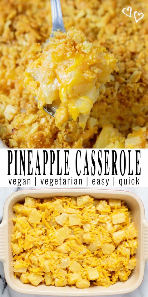 Pineapple Casserole is a southern recipe made with pineapples, brown sugar and buttery crackers. Sweet, savory, baked to cheesy perfection. Vegan Casserole Recipes, Vegan Casseroles, Brunch Vegan, Casserole Vegan, Pineapple Diet, Lunch Vegetarian, Vegan Easter Recipes, Pineapple Casserole, Dessert Inspiration