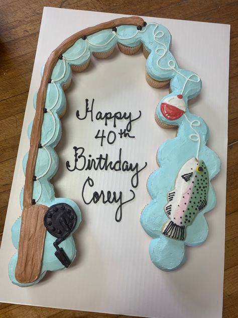 Cupcake Bday Cake, Cupcake Fish Cake, Cupcake Fishing Theme, Fishing Pole Cupcake Cake, Bass Fish Cupcake Cake, Fishing Pole Cupcakes, Ocean Theme Cupcake Cake, Birthday Cakes Fishing Theme, Bass Fishing Cakes For Men