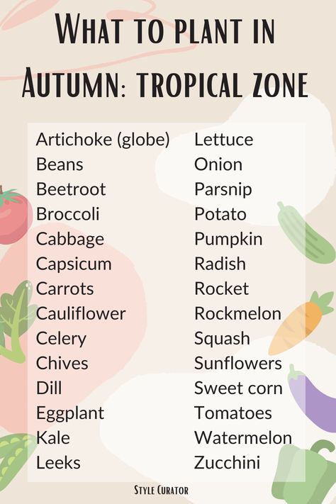 Get the best out of your seasonal veggie patch this year with our Autumn planting guide. Let us help you plant the right fruits, veggies, herbs or flowers this season. Want to grow beans, carrots, potatos or tomatoes this Autumn, this works perfect in a Australian tropical zone. Known for a hot and humid climate, this normally inclues the east coastline, the top end of Australia and the Western Australia coastline. Click the pin to find the best gardening help or go to StyleCurator.com.au. Planting Guide Australia, Autumn In Australia, Autumn Planting, Australia Autumn, Grow Beans, Style Curator, Tropical Garden Plants, Gardening Australia, Fall Veggies