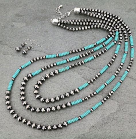 Navajo Style Pearl Layered Necklace Set  34" + 3" ext Stretch Beaded Bracelets Diy, Pearl Layered Necklace, Diy Leather Earrings, Navajo Style, Layered Necklace Set, Bracelets Diy, Beaded Jewelry Designs, Crystal Necklaces, Free Earrings