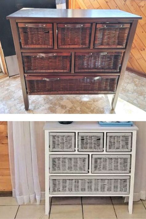 Decorate on a budget with this quick dresser upcycle idea. Perfect budget friendly bedroom or entryway decorating with this quick and easy furniture flip. Wicker Dresser Makeover, Spray Paint Wicker, Dresser Upcycle, Wicker Cabinet, Vintage Dresser Makeover, Ikea Dresser Makeover, Wicker Furniture Makeover, Entryway Decorating, Decorate On A Budget