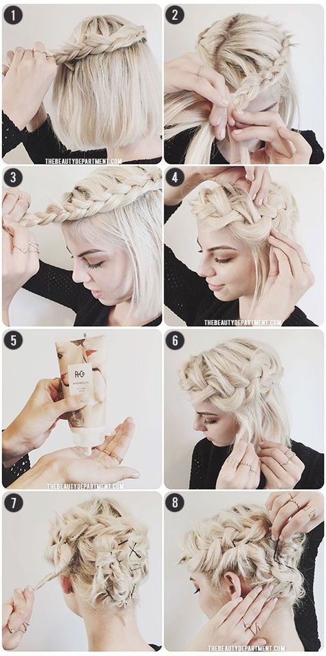 Post/Photos: Kristin Ess So now that you have that gorgeous bob, what do you do with it other than wear it down? We’ve given you a couple of ideas with tutorials in the past like THIS and THIS, and w Braid For Short Hair, Bob Updo, Bob Length, Hair Step By Step, Updo Ideas, Halo Braid, Twisted Hair, Fishtail Braid, Braided Updo