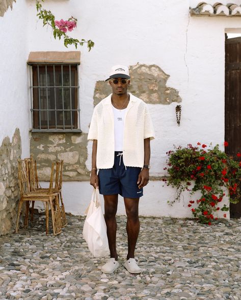 SS24 drop:two | Valle de Lecrín Bob and Romell style drop:two of our spring:summer ’24 collection, launching Thursday 30th May, 4pm BST for a:b | members  For sizing reference, Bob is 6’1/1.86m with a slim build, he wears a size large in our tops and medium in bottoms, Rom is 6’1/1.86m with an athletic build, he also wears a size large in our tops and medium in bottoms   Titled “Valle de Lecrín”, the collection takes inspiration from Andalusia. Focusing on a cycling race called the Vuelta a ... Minimalist Style Men, Mens Beach Style, Mens Summer Fashion Beach, Mens Shorts Outfits, Cycling Race, Guys Clothing Styles, Cropped Vest, Cool Outfits For Men, Vest White