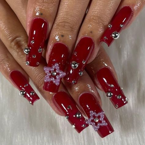 Junk Nails, Dark Red Nails, Red Acrylic Nails, Red Nail Designs, Cat Nails, Star Nails, Girls Nails, Fire Nails, Dream Nails